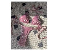 Bikini Damen Set PU-Leder Neckholder Mini Tanga Bikini Damen Badeanzug(Pink,M)