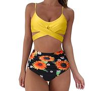 Bikini Damen Set Push Up - Bikini Damen High Waist Zweiteilig Badeanzug Crossover Wickeloptik Bandage Vintage Blumen Drucken Sexy Bademode Schwimmanzug Badeanzüge Bikini-Sets für Damen