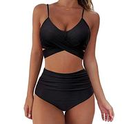 Bikini Damen Set Push Up,Bikini HGH Waist Damen,Zweiteiliger Badeanzug Crossover Bandage Wickel V Ausschnitt Hohe Taille Bikinihose mit Blumenmuster Bademode Strandmode Bikini-Sets für Damen