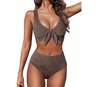 Bikini Damen Set Push Up High Waist Bauchweg V Ausschnitt mit Glitzer Schleife Einfarbig Bademode Zweiteiliger Swimsuit Strand Coffee M