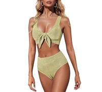 Bikini Damen Set Push Up High Waist Bauchweg V Ausschnitt mit Glitzer Schleife Einfarbig Bademode Zweiteiliger Swimsuit Strand Yellow M