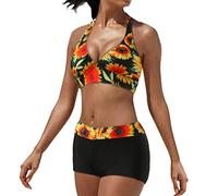 Bikini Damen Set Push Up - Neckholder Bikini mit Shorts Damen Zweiteilig Badeanzug Brazilian Style Drucken V-Ausschnitt Bademode Sport Schwimmanzug Tankini Badeanzüge Bikini-Sets für Fraue