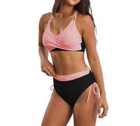 Bikini Damen Set Push Up V Ausschnitt Bauchweg High Waist Hose mit seitlichem Kordelzug Twist Front einfarbig verstellbare Träger Zweiteiliger Badeanzug Bademode 01# Pink M