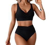 Bikini Damen Set Push Up V Ausschnitt Bauchweg High Waist Hose mit seitlichem Kordelzug Twist Front einfarbig verstellbare Träger Zweiteiliger Badeanzug Bademode 03# Black M