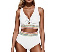 Bikini Damen Set Sexy Badeanzug Hohe Taille Zweiteiliger Kordelzug Farbblock Bademode Sommer V Ausschnitt Bikinis für Frauen Elegant Baumwolle Badeanzüge Überkreuztes Bandeau Swimsuit
