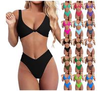 Bikini Damen Set Sexy, Einfarbig Zweiteiliger Badeanzug V Ausschnitt Swimsuit Push Up und Triangel Bikinis Hose Mode Bademode Trendy Badeanzüge für Strand