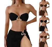 Bikini Damen Set Trägerloses Bandeau-Bikini-Set Dreiteiliger Bademoden mit Metallischem Bikini Oberteil, Bikini-Höschen und Rock im Boho-Stil Einfarbiger Badeanzüge Strand Outfit Elegant Badeoutfit