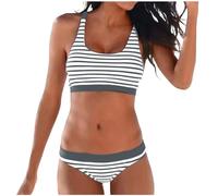 Bikini Damen Set U Ausschnitt Tank Sport Bikini Crossback Crop Top mit Low Waist Wickeloptik Unterteil Gestreifter Druck Badeanzüge Bademode Zweiteiliger Badeanzug Swimsuit Blau Tank Top (Grey, XL)