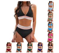 Bikini Damen Set V Ausschnitt Sexy Badeanzug Bademode Hohe Taille Farbblock Zweiteiliger Kordelzug Badeanzüge Bikinis Swimsuit