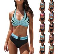 Bikini Damen Set Zweiteiliger Badeanzug Bademode Bauchkontrolle V Ausschnitt überkreuztes Blumenmuster Push Up Strandmode Bikini Sets High Taille Badeanzüge Große Größe Sexy Triangel Sport Swimsuit