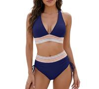 Bikini Damen Set Zweiteiliger Hohe Taille Farbblock Kordelzug Badeanzüge Bikinis Bademode Swimsuit Badeanzug für Frauen Bandeau (DE/NL/SE/PL, Alphanumerisch, XXL, Regular, Regular, Marineblau)