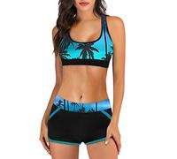 Bikini Damen Sport Push Up Oberteil Polster Badeanzug Zweiteiler Frauen Shorts Bikini Set Pads Strand Schwimmen Bademode 2 Teilig Damen Tankini Set zweiteilig Bauchweg mit Hot Pants (Blue-2, XXL)