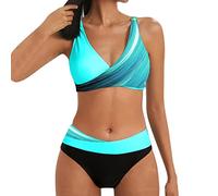 Bikini Damen Wickeloptik Neckholder Push Up Bademode Set V Ausschnitt Zweiteiliger Badeanzug Strandmode Zweiteilige Triangel Unterbrustband Swimsuit Back Badeanzüge Leopard Front (D-Light Blue, M)