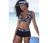 Bikini-Hotpants KANGAROOS "Agave" Gr. 40, N-Gr, schwarz (schwarz, bedruckt) Damen Badehosen Ocean Blue mit bedrucktem Bund (14516339-40)