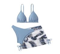 Bikini Mädchen 3 Stück Bikinis Set Teenager Einfarbige Badeanzug mit Top, Triangel Bikinihose Blatt Drucken Rock Sommer Hawaii Strand Bademode Badebekleidung Schwimmanzug für 6-16 Jahre