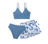 Bikini Mädchen Kinder 3 Stück Badeanzug Set mit Bikinis Oberteile Triangel Bikinihose und Kurze Rock Teenager Sommer Strand Sport Badeanzüge Schwimmanzug Blumendruck Bademode für 8-18 Jahre