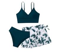 Bikini Mädchen Kinder 3 Stück Badeanzug Set mit Bikinis Oberteile Triangel Bikinihose und Kurze Rock Teenager Sommer Strand Sport Badeanzüge Schwimmanzug Blumendruck Bademode für 8-18 Jahre