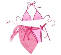 Bikini mit Schnürung vorne, 3-teiliges Set, XS-4X, einfarbiger Badeanzug mit Sarong, Schnür-Design, weicher Stretch-Stoff, lebendiger Look, Damen, Strandurlaub (L hell- und dunkelrosa)