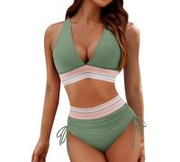 bikini set damen Bikini Damen Set Sexy V Ausschnitt Verstellbare Badeanzug Bademode High Waist Farbblock Zweiteiliger Kordelzug Badeanzüge Bikinis für Frauen Badebekleidung Army Green L