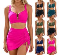 Bikini Set Damen Zweiteilig V-Ausschnitt Raffung Badeanzug mit Rock Bauchweg Bademode Sexy Strandmode Schwimmset Gepolstert Ohne Bügel Triangel Top für Sommer Strand Urlaub Strandparty
