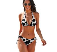 Bikini-Set für Damen, zweiteilig, sexy, Neckholder, gepolsterter Bikini, Badeanzüge, seitliche Bindung, Tanga-Unterteil, Kuhmuster, Large