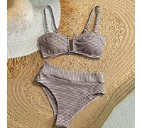 Bikini-Set Große Größen für Damen mit Streifenmuster, geeignet für Strandurlaub, hoch tailliertes Bikini-Set, gestreiftes Bikini-Set, Bauchkontrolle B