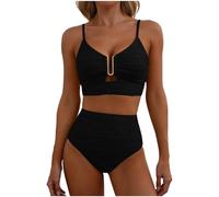 Bikini Set in vielen Farben erhältlich mit Metallverschluss-Akzent und Hochtaillen-Design ideal für Sommer und Freizeit Black XXL