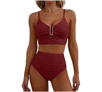 Bikini Set in vielen Farben erhältlich mit Metallverschluss-Akzent und Hochtaillen-Design ideal für Sommer und Freizeit Wine XL