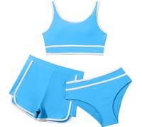 Bikini Set Mädchen 3-Teiliges Badeanzüge Sport Bikinis mit Triangel Bikinihose und Kurz Sportlich Shorts Teenager Kinder Sommer Strand Bademode Casual Badeanzug Schwimmanzug für 8-14 Jahre