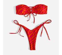 Bikini Set mit Zebrastreifen, ausgeschnittenem Bandeau BH und Tanga Unterteil, 2 teiliger Badeanzug