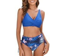 bikini-sets für damen, Damen Bikini Set Wickeloptik Lace Up Bikini Set Neckholder Bikini Oberteil High Waist Wickel Bikinihose Tiefer V Ausschnitt Sportlich Zweiteiliger Strandbikini,B Blue,M