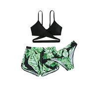 Bikini Teenager Mädchen 14 Jahre 3-Teiliger Bikini Sets Verstellbare Crisscross Badeanzug Mädchen 140 Bikini Oberteil mit Triangel Bikinihose mit Shorts Blätter Druck Badebekleidung 8-14 Jahre