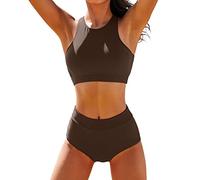 Bikinis mit hoher Taille für Damen, hoher Ausschnitt, sportlich, Racerback, bauchfreies Top, Badeanzug, hoher Schnitt, zweiteiliger Badeanzug, XS-XXL, Braun, S