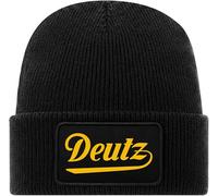 Bimaxx Beanie Deutz Standmotor Oldtimer Rollmütze Strickmütze | Mütze Schwarz | Druckmotiv in gelb auf abnehmbaren Baumwoll-Twill-Aufnäher mit Klettverschluss