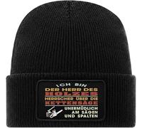 Bimaxx Beanie Herr des Holzes Kettensäge Spalten Rollmütze | Mütze Schwarz mit Druckmotiv auf abnehmbaren Baumwoll-Twill-Aufnäher mit Klettverschluss