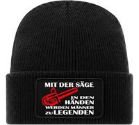 Bimaxx Beanie Mit der Säge in den Händen Kettensäge Rollmütze | Mütze Schwarz mit Druckmotiv auf abnehmbaren Baumwoll-Twill-Aufnäher mit Klettverschluss