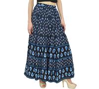 Bimba Damen Block Print Cotton Rock Elastische Taille Marineblau Sommer Roecke-2XL