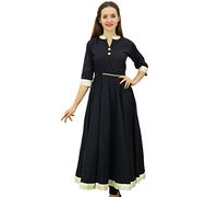 Bimba Damen Indian Ethnic Baumwolle Kurta Lange Anarkali Kurti mit Holz Wulstige Schnur Gürtel, Schwarz, 50