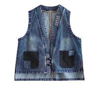 BINDT BEAUTY Ärmellose Jeansweste für Damen, große Größe S-5XL, Punk, schwarz, zerrissen, Gewaschene Jeansweste, Jeans, Reißverschluss, Bandage, Kurze Jeansweste,Blau,3XL