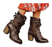 Binggong Damen Stiefeletten Biker Boots Stiefel mit Absatz Damen Klassische Stiefeletten Frauen Schuhe Blockabsatz Herbst Winter Bequeme Schuhe Schnallen Worker Boots Schnürstiefelette