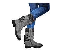 Binggong Winterschuhe Damen Vintage Schneestiefel rutschfest Biker Stiefel Winterstiefel mit Blockabsatz Hohe Stiefel Schnürstiefel Worker Boots Mode Langschaft Stiefel