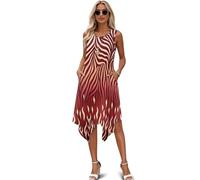 Binienty Damen Ärmelloses Tankkleid Asymmetrisch Lang Strand Maxi Sommerkleid mit Seitentaschen, Flame Zebra, 5XL