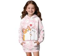 Binienty Langärmeliges Kapuzen-Sweatshirt für Mädchen, dicke Grafik-Kapuzenpullover mit Kängurutasche, Hund und Katze, 9-10 Years