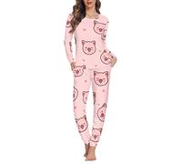 Binienty Weiches Damen-Schlafanzug-Set, langärmelig, Sweatshirt mit langer Hose, Nachtwäsche, Cartoon Pig, 46