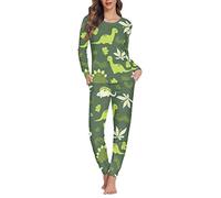 Binienty Weiches Damen-Schlafanzug-Set, langärmelig, Sweatshirt mit langer Hose, Nachtwäsche, Grüner Dinosaurier, 48