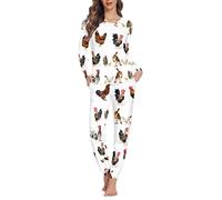 Binienty Weiches Damen-Schlafanzug-Set, langärmelig, Sweatshirt mit langer Hose, Nachtwäsche, Hahn Huhn, 38