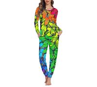 Binienty Weiches Damen-Schlafanzug-Set, langärmelig, Sweatshirt mit langer Hose, Nachtwäsche, Schmetterling, 36