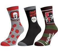Bioworld Herren-Socken mit Horror-Thema, It Nightmare On Elm Street Friday The 13th, 3er-Pack, wadenhoch, Crew-Socken für Erwachsene, Mehrfarbig, Einheitsgre