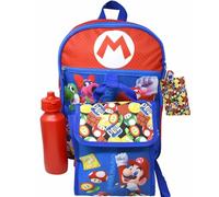 Bioworld Super Mario Rucksack, 40,6 cm, Rot, 5-teilig, Lunchtasche, Wasserflasche, Karabinerhaken und Ausweishalter, Blau