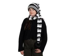 Birendy XXL Beanie AA Mütze, Zipfelmütze inklusive Schal, Pudelmütze, Wintermütze mit großer Fellbommel aus Fellimitat. Extra Lang mit weichem Fleece abgefüttert (Schwarz Weiß Streifen 113)
